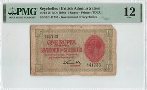 SEYCHELLES 1 Rupee 1936, P-2f, PMG 12 Fine, Rare KGV Note, Missing Corner. - Picture 1 of 2