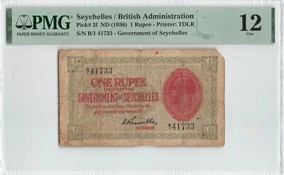 SEYCHELLES 1 Rupee 1936, P-2f, PMG 12 Fine, Rare KGV Note, Missing Corner. - Image 1 of 2