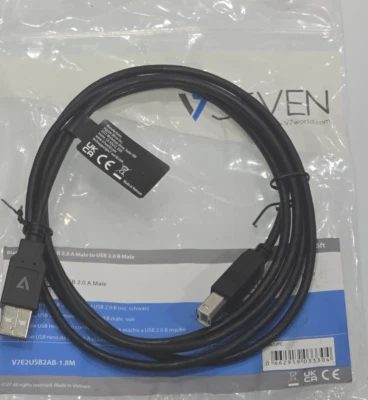 V7 USB 2.0 CABLE - TYPE  A MALE USB - TYPE  B MALE USB - 6ft - Black - V7 - Image 1 of 4