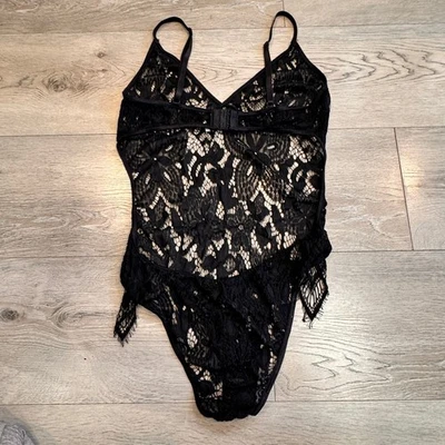Elegant Moments Black Lace Strappy V-Neck Teddy Lingerie Bodysuit Size Large L - Image 1 of 4