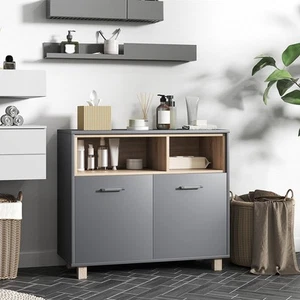 Grey Bathroom Storage Cabinet with Open Compartments and Double Doors - Picture 1 of 11