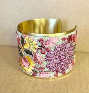 Hippie Boho Flower Embroidery Cuff Bracelet Colorful Lavender Pink Yellow India? - Picture 1 of 6