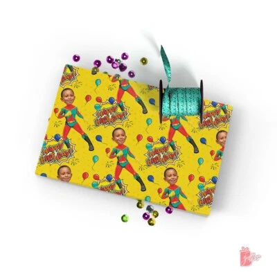 Personalized Birthday Gift Wrapping Paper w/ Photo Face Cut SuperHero Gift Wrap - Image 1 of 4