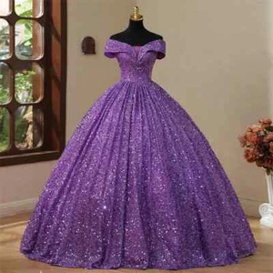 Off Shoulder Quinceanera Dresses Sequined Backless Pleated Birthday Party Gowns - Picture 1 of 8