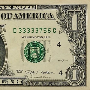 Five in a Row 3s Fancy Serial Number One Dollar Bill D33333756C FW 2009 - Picture 1 of 8