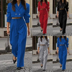 Women Casual Outfit Suit 2 Piece Plain Long Sleeve Crop Jacket Pants Streetwear - Picture 1 of 35
