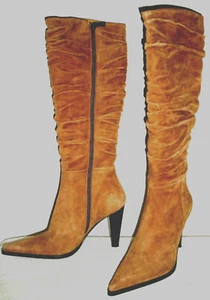 NIB $290 ANGELA FALCONI Brown Suede Ruched Leather Indie Boots US 7.5M IT 37.5 - Picture 1 of 7