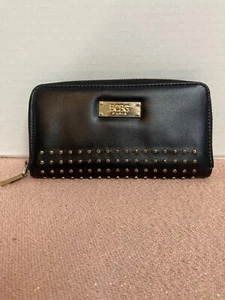 Women's BCBG PARIS Brand Large Black LEATHER Wallet - W/Stud Design-Zip Around - Picture 1 of 14