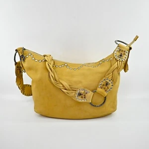 BETSEY JOHNSON Western Hobo Shoulder Bag Yellow Floral Leather Studded Fringe - Picture 1 of 16