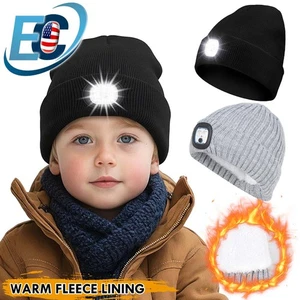 Kids Warm Winter Knit Beanie Hat with LED Light USB Rechargeable Headlamp Cap - Picture 1 of 9