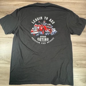 Mens XL Black Graphic Tee Fire Truck Skeleton American Fire Brigade - Picture 1 of 7