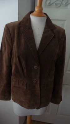 Chaqueta Blazer Liz Claiborne 100% MARRÓN Gamuza Cuero Forrada TALLA LRG Bolsillos con Solapa Foto 1 de 4