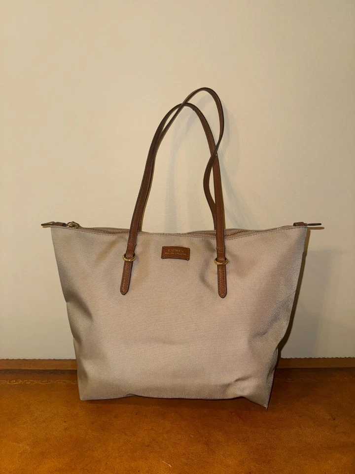 Ralph Lauren Oxford Nylon Tote Tan Beige Neutral Logo Lightweight Preppy Bag - Image 1 of 4