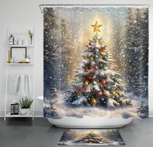 Winter Snow Forest Green Christmas Tree Shower Curtain Bathroom Accessories Set - Picture 1 of 25