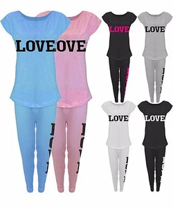DAMEN FRAUEN LOVE TRAININGSANZUG LEGGINGS JOGGINGHOSE YOGAHOSE GYM T-SHIRT TOP WESTE  - Bild 1 von 7