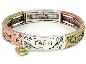 4031410 Faith Hope Love Tri Tone Stretch Bracelet Heart Charm 1 Corinthians  - Picture 1 of 1