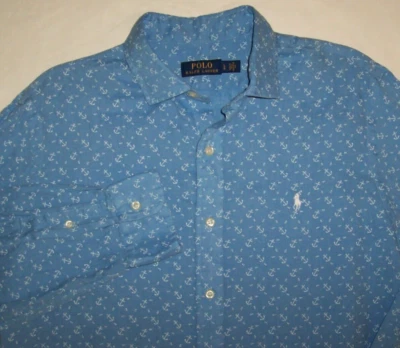 NWT Ralph Lauren HARBOR ISLAND BLUE/WHITE ANCHORS LINEN Shirt Men's L Polo Pony - Image 1 of 3