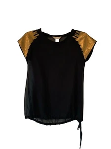 Fun & Flirt Women Blouse Sheer Black Top W/ Sequins Drawstring Waist SIZE SMALL - Picture 1 of 7