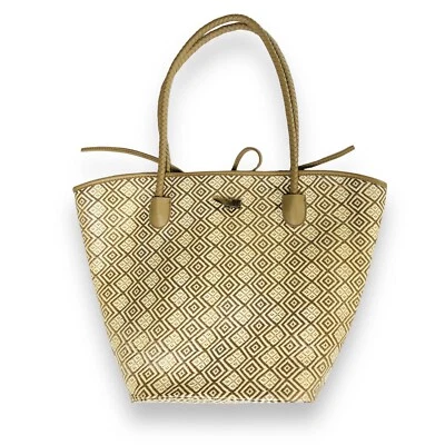 Bolso de Mano Neiman Marcus Paja Azteca Diamante Grande Beige Texturizado Cuero Asas Foto 1 de 4