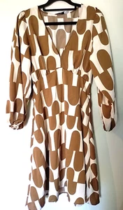 Fria Size 8 Brown Beige Geometric Dress Business Office Boho 60's Party Festival - Picture 1 of 14