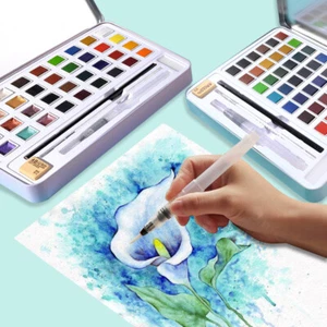 Watercolour Paint Set 36/48 Solid and Metallic Colour Pan with Painting Brush - Picture 1 of 9