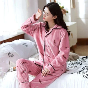 Winter Pajamas Women Pyjamas Fleece Warm Thick PJ Pink Feather Pajamas - Picture 1 of 3