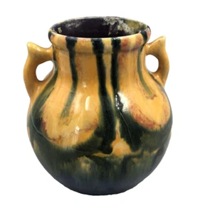 Vintage Coronet Czechoslovakia Double Handle Vase Drip Glaze Yellow Green - Picture 1 of 9