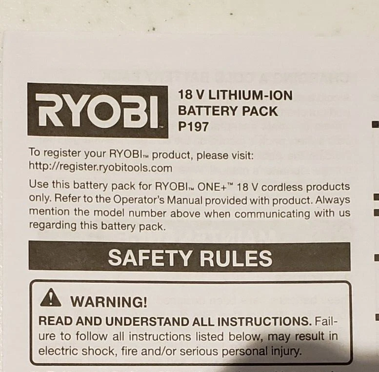 RYOBI 18V P197 Lithium-Ion Battery Pack Operator's Manual English French Spanish - Image 1 of 1