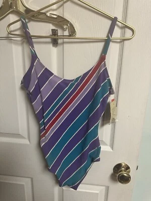 Traje de baño Roxanne años 90 vintage leotardo entrenamiento bloques de color rayas púrpura verde azulado mediano 7/8 Foto 1 de 4