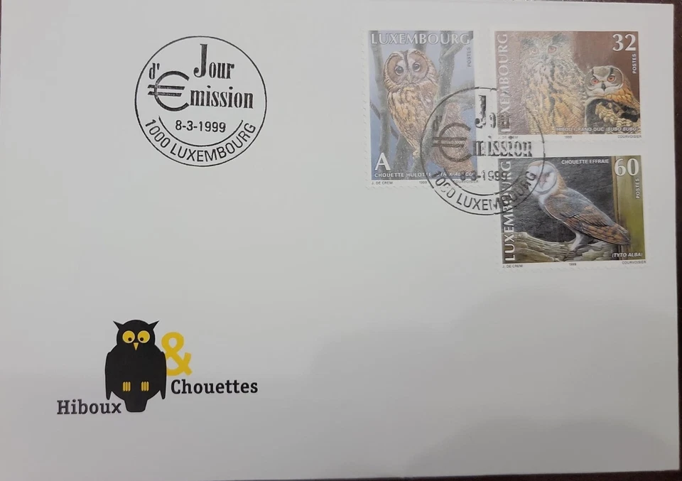 EL)1999 LUXEMBOURG, OWLS, TAWNY OWL A, EAGLE OWL 32FR, OWL 60R, FDC - Image 1 of 1