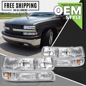 Pair Chrome Replacement Headlight+Bumper fit 1999-2006 Silverado Suburban Tahoe - Picture 1 of 12