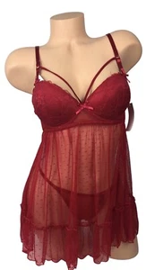 Rene Rofe Push-Up Babydoll Chemise with G-String - Red Large 2 Piece Set - Imagen 1 de 20