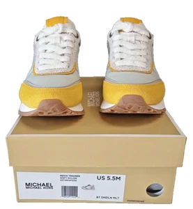 Michael Kors Women's Nova Trainer Sneaker, White w/Yellow & Brown & Silver, 5.5 - Picture 1 of 5