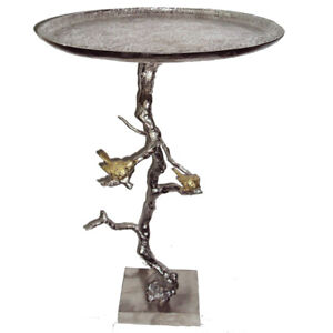 28" Aluminum Silver Branch Accent Table With Gold Birds