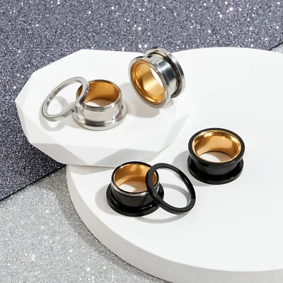 2Piece Stainless Steel Ear Plugs Tunnels Double Color Ear Gauges Piercing 6-20mm - Image 1 of 4