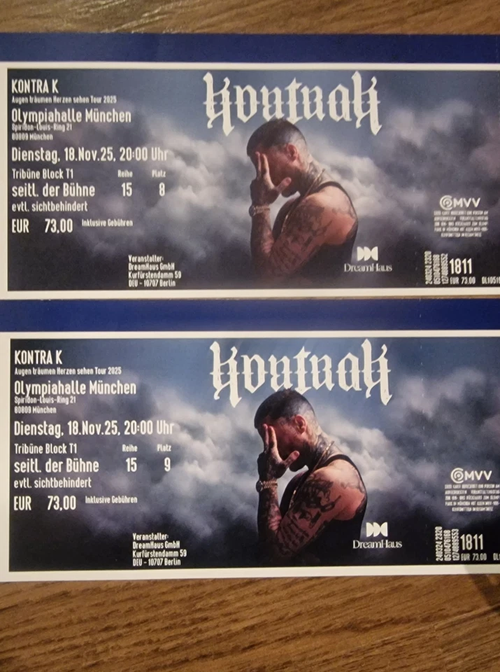 2x KONTRA K MÜNCHEN 18.11.2025 SITZPLATZ TICKETS TRIBÜNE BLOCK 11 REIHE 15  - Bild 1 von 1