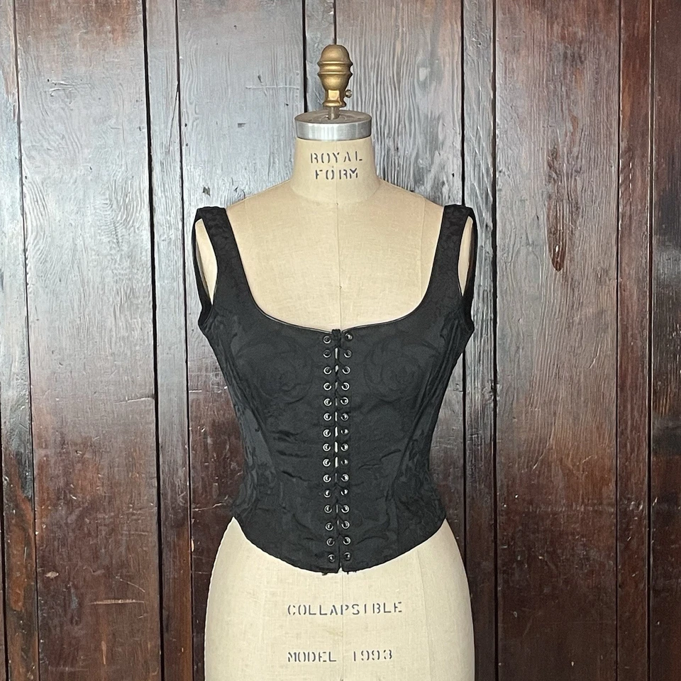 Vintage 90s Black Jaquard Lace Up Corset Top Extra Small Goth Glam - Image 1 of 4