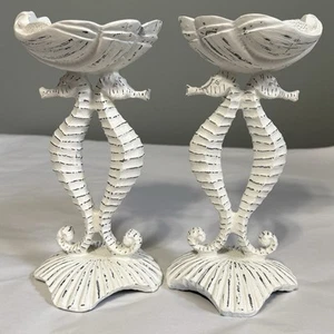 2 DecoGlow Distressed White Seahorse Shell Beach Decor 8” Candle Holders - Picture 1 of 13