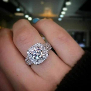 3.20Ct Lab Created Round Diamond Halo Engagement Ring 14k White Gold Plated - Picture 1 of 3