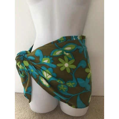 1970-е Юбка Саронг Купальный костюм Саронг Зеленые Синие Цветы Цветок Сила Хиппи - Изображение 1 из 4