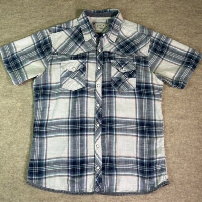 Camisa BKE Para Hombre Grande Franela Manga Corta A Presión Azul Blanco Grunge Cabincore Foto 1 de 4