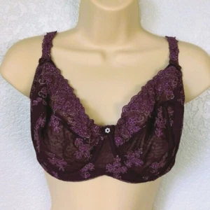 Felina 36DDD  Bra Unlined Underwire Lace Mesh Embroidered Balconette Purple - Picture 1 of 7
