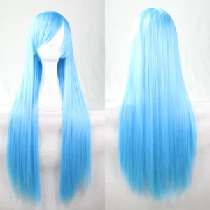 80cm Straight Sleek Long Full Hair Wigs w Side Bangs Cosplay Costume Womens Blue - Picture 1 of 2