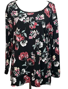 Terra & Sky Blouse Top Women 2X Black Floral 3/4 Sleeve Cotton Blend Free Shipp - Picture 1 of 7