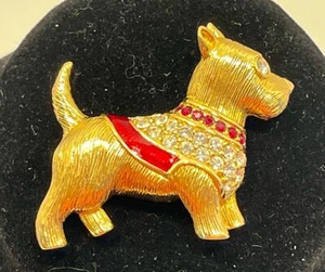 Swarovski Crystal Scottish Terrier Scottie Dog Gold Tone Brooch Pin W/Red Stones - Picture 1 of 5