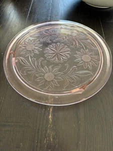 Jeanette Pink Depression Glass Vintage Cake Plate Sunflower 10” Footed 1930s - Picture 1 of 2
