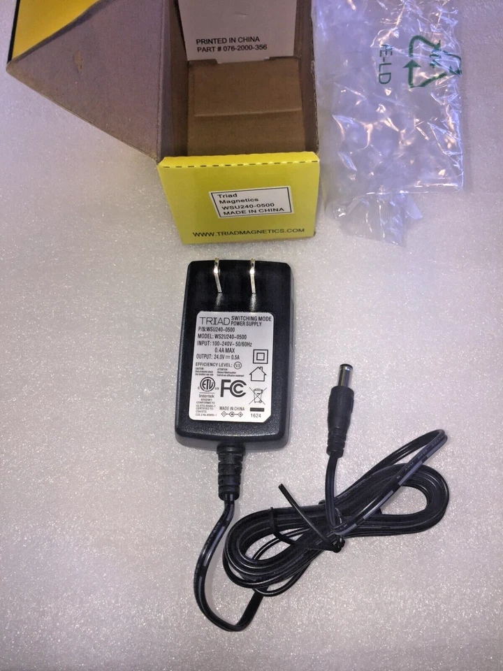 24 Volt 0.5 Amp A/C Adapter; 6' cord 5.5mm conn; WSU240-0500; 100-240V; 50-60Hz - Image 1 of 4