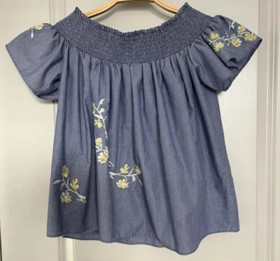 Cremieux Shirt Off Shoulder Ruched Embroidered Blouse Women's Blue Striped Sz M - Image 1 of 4