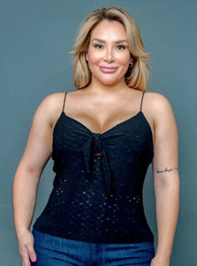 Solid Black TANK TOP Size 1XL Women Plus SPAGHETTI SHOULDER STRAPS Eyelets 1X - Picture 1 of 5