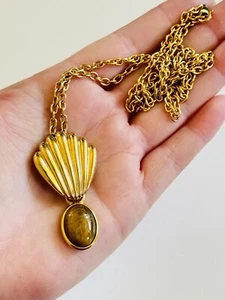 Weingeroff Signed Necklace Scarab Cabochon Glass Rare Yellow Gold Plated Chain - Picture 1 of 8